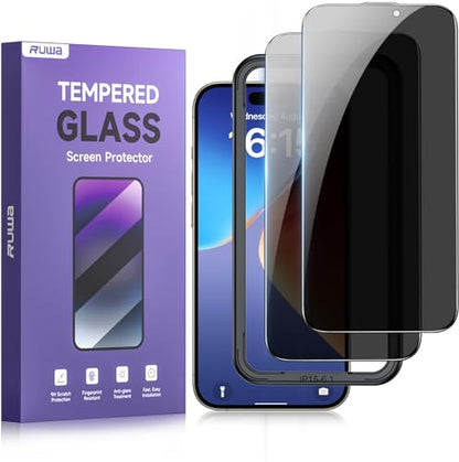 ruwa Privacy Screen Protector for iPhone 15 and iPhone 16 [6.1 Inch][2-Pack] Tempered Glass with Easy Installation Frame, Anti-Scratch,Anti-peep, Full Coverage - size: for iPhone 15/16-6.1 inch 2-Pack