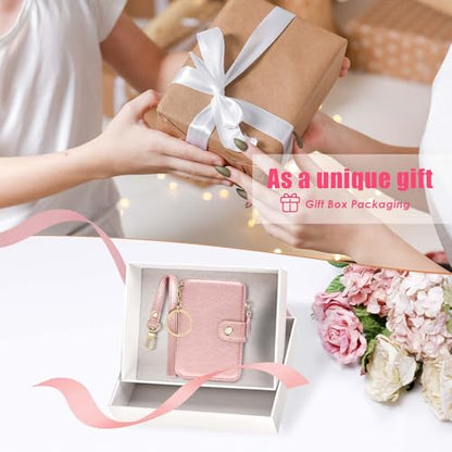 M-Plateau RFID Blocking Keychain Wallet With Leather Wrist Strap | Keychain Wristlet, Womens Card Holder with Zipper Coin Pocket and ID Window (Pink) - color: Pink