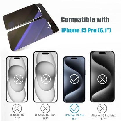 2 Pack Compatible with iPhone 15 Pro Privacy Screen Protector, Anti-Spy Anti-Blue Light Eye Protection Tempered Glass Film, Scratch Resistant, Full Coverage, Case Friendly - size: for iPhone 15 Pro