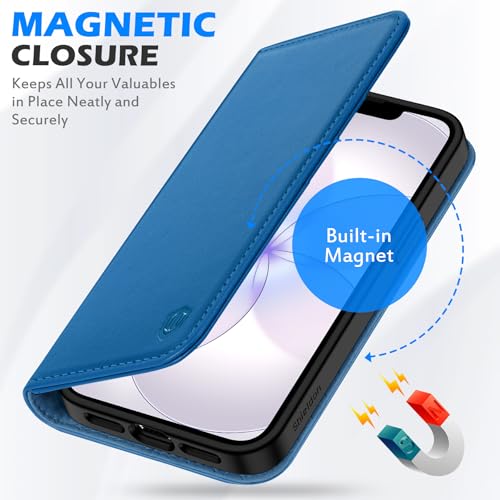 SHIELDON Real Leather Wallet Case for iPhone 17e/16e 6.1", Sapphire Blue | RFID Blocking, Credit Card Holder, Magnetic Closure, Kickstand, Folio Design, Full Protection, Shockproof Phone Cover - color: Sapphire Blue