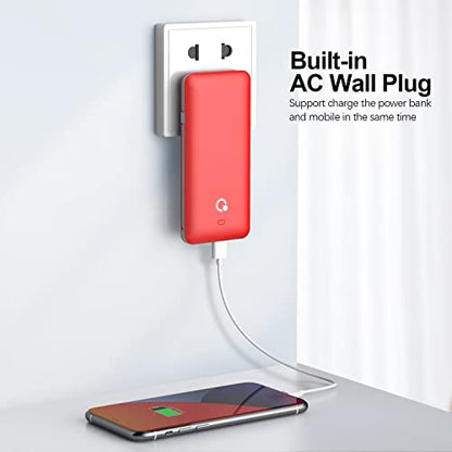 10000mAh Portable Charger, Slim USB B C Power Bank,4 Output External Battery Pack with Built-in AC Wall Plug Micro and USB C Three Cables Compatible with All mobilephone