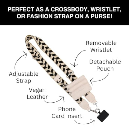 Save the Girls Clip & Go Phone Lanyard with Wallet Pouch, Chevron - color: Black/Cream Chevron Strap