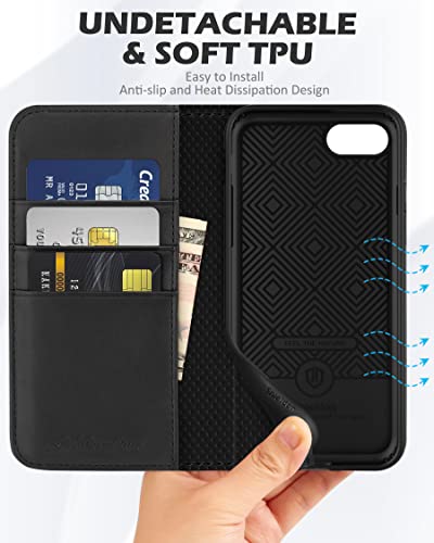 SHIELDON Genuine Leather Wallet Case for iPhone SE 2022/SE 2020/8/7, Black | Magnetic Closure, RFID Blocking, Credit Card Holder, Kickstand, Folio Design, Shockproof Phone Cover - color: Black
