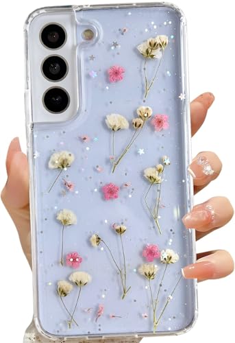 LSEEKA for Samsung Galaxy S22 Clear Case with Pressed Real Dried Pink Flower Design,Transparent Glitter Cute Floral Slim Soft TPU Protective Phone Cover for Samsung Galaxy S22 - color: Pink, size: for Samsung Galaxy S22