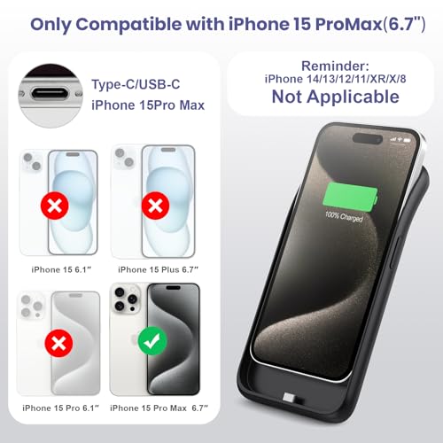 Battery Case for iPhone 15 Pro Max, [2025 Upgraded] 8600mAh Battery Charging Case, Anti-Fall Protection Rechargeable Extended Charger Cover for iPhone 15 Pro Max (6.7inch) Black