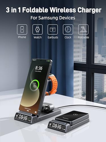 Wireless Charger for Samsung S25 with Clock 3 in1 Foldable Charging Station - color: Grey