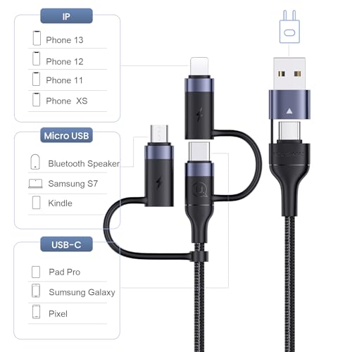 3-in-1 USB C Multi Fast Charging Cable 60W 4FT Nylon Multi Charger - color: Black, size: 4FT