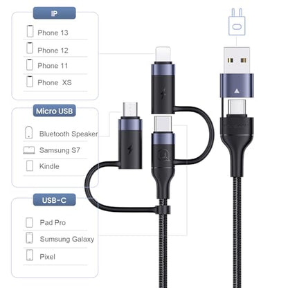 3-in-1 USB C Multi Fast Charging Cable 60W 4FT Nylon Multi Charger - color: Black, size: 4FT