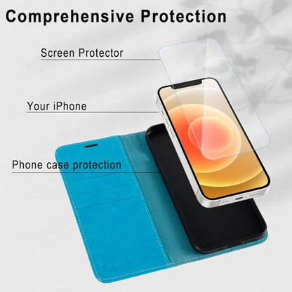 MONASAY Wallet Case Compatible for iPhone 12 mini 5G 5.4-inch,[Glass Screen Protector Included] [RFID Blocking] Flip Folio Leather Cell Phone Cover with Credit Card Holder, Light Blue | 5.4" fits 12 mini | Glass protector incl | Holds 3 cards | RFID block