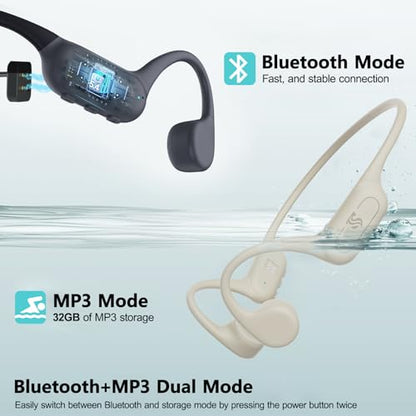 Bone Conduction Headphones IPX8 Waterproof Swimming Headphones Open Ear Headphones with MP3 Mode 32GB Memory 8H Playtime Bluetooth 5.4 Ear Buds Secure Fit (Apricot)