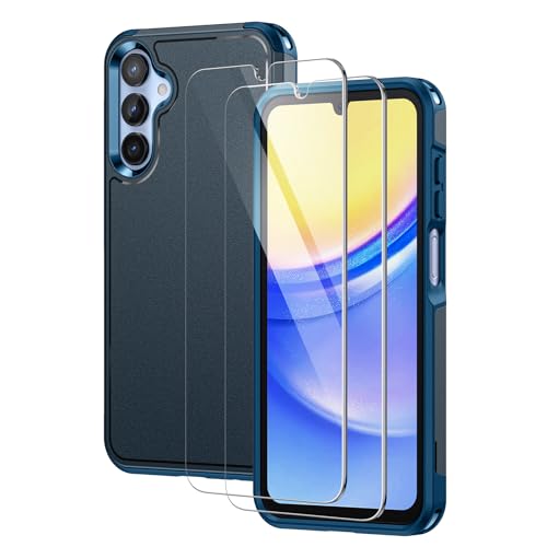 Lanhiem for Samsung Galaxy A15 Case with 2 Tempered Glass Screen Protector, Shock Absorption, Anti-Scratch Shockproof Case Cover for A15 5G, Navy Blue - color: Blue-3 in 1, size: 6.5" for A15