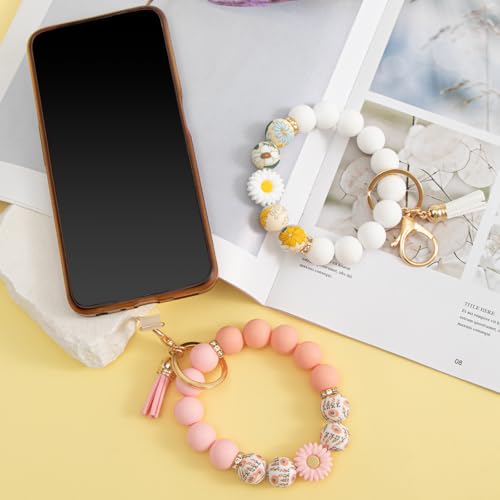 Silicone Beaded Phone Wrist Strap, Phone Wristlet Strap with Tether Tab, Elastic Hands-Free Daisy Wristlet Bracelet(Pink) - color: Daisy Pink