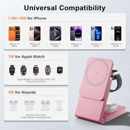 3-in-1 Charging Station for Apple Devices, Foldable Magnetic Wireless Charger Stand, Fast Charger Station for iPhone17/16/15/14/13/12 Pro Max/ AirPods2/3/4 and IWatch Ultra Series(Pink) - color: Pink