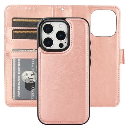 Bocasal Detachable Wallet Case Card Holder for iPhone 16 Pro, Rose Gold | RFID Blocking Kickstand Card Slots Holder PU Leather Magnetic Shockproof Wrist Strap Removable Flip Protective Cover 6.3 inch - color: Rose Gold