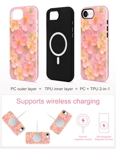 Jusy Magnetic Oil Painting Flower Floral Case for iPhone 16e/17e, Pink | Compatible with MagSafe, Cute Aesthetic Flower Design, TPU and PC Protective Phone Cover - color: Pink Oil Painting Flower