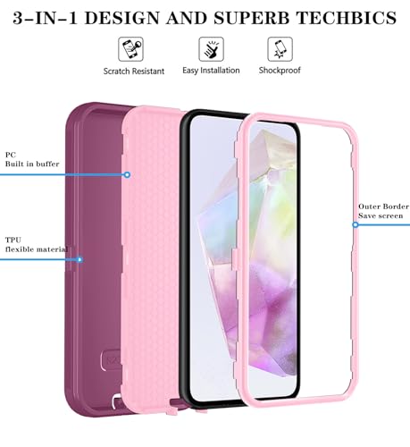 Qinmay Phone Case for Samsung Galaxy A37 5G Case with HD Screen Protector, Heavy Duty Shockproof & Dropproof 3-Layer Cover Phone Case for Galaxy A37,WineRedPink - color: WineRedPink