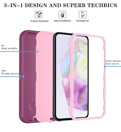 Qinmay Phone Case for Samsung Galaxy A37 5G Case with HD Screen Protector, Heavy Duty Shockproof & Dropproof 3-Layer Cover Phone Case for Galaxy A37,WineRedPink - color: WineRedPink