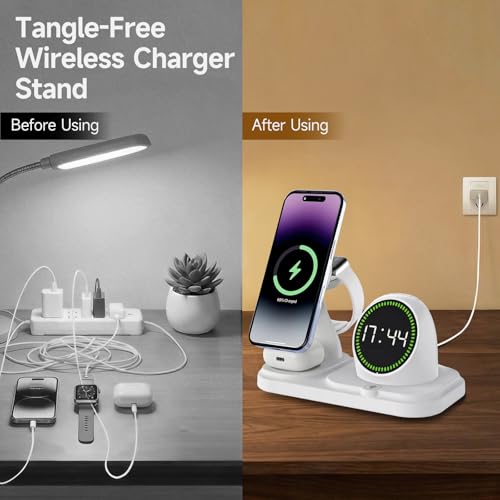6 -in -1 Wireless Charger Charging Station : Compatibility for iPhone 17 16 15 14 Pro Max Apple Watch, Charger Stand for Apple Devices, with Wireless Speaker and Digital Clock Ambient Lights (White)