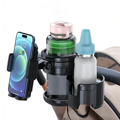 3-in-1 Stroller Cup Phone Holder Attachment, Universal Cup Holder with Adjustable Phone Mount, Double Cup Holder for Walker, Wheelchair, Fits Most Donna, Uppababy, Bugaboo, Anti-Slip & Easy Install