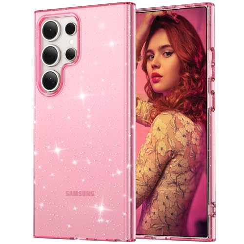 Glitter Case for Samsung Galaxy S23 Ultra 5G Case, Bling Glitter Shockproof Phone Case for Galaxy S23 Ultra Case, Anti-Yellowing Clear Glittering Protective Case for Women and Girls (Pink) - color: Pink, size: S23 Ultra