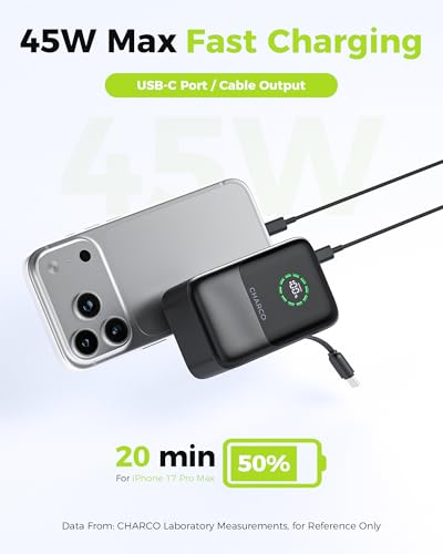 CHARCO Portable Charger Power Bank 10000mAh, 45W Retractable USB‑C Cable