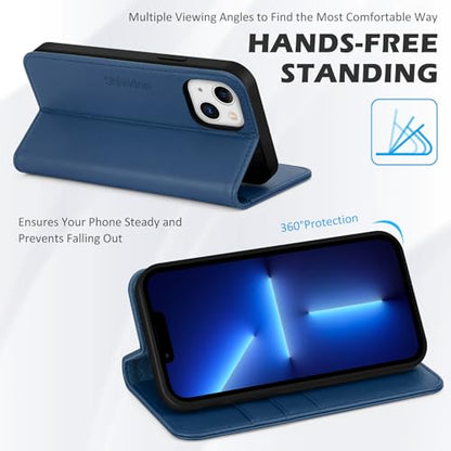 SHIELDON Genuine Leather Wallet Case for iPhone 13 6.1" 2021, Royal Blue | RFID Blocking, Credit Card Holder, Magnetic Closure, Kickstand, Folio Design, Shockproof Phone Cover - color: Royal Blue