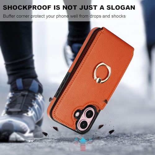 Folosu Compatible with iPhone 16 Case Wallet with Card Holder, 360°Rotation Finger Ring Holder Kickstand, RFID Blocking Leather Protective Double Buttons Shockproof Cover 6.1 Inch Brown - color: Brown