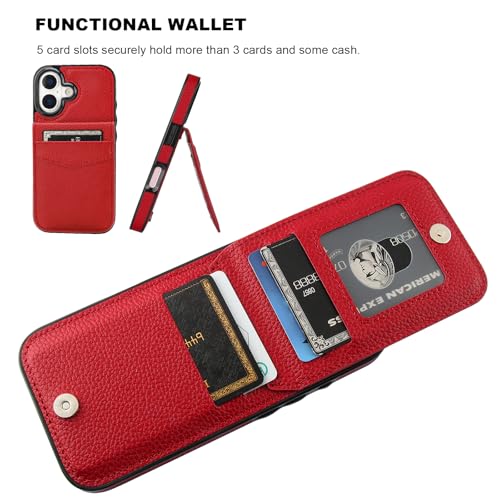 KIHUWEY for iPhone 17 Wallet Case Card Holder Kickstand, Lichee Red | Credit Card Slots, PU Leather, Magnetic Clasp, Flip Heavy Duty Protection Cover for Men and Women - color: Lichee Red