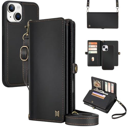 for Wallet Case Compatible with iPhone 14,Multi-Function Detachable 2 in 1 Magnetic iPhone 14 Case Wallet,Flip Strap Zipper Card Holder Phone Case with Shoulder Straps (Black) - color: Black, size: iPhone 14