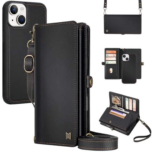 for Wallet Case Compatible with iPhone 15,Multi-Function Detachable 2 in 1 Magnetic iPhone 15 Wallet,Flip Strap Zipper Card Holder Phone Case with Shoulder Straps (Black) - color: Black, size: iPhone 15