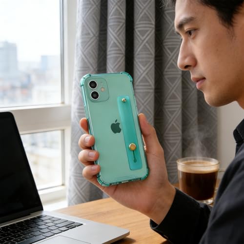 Compatible for iPhone 12 Case with Strap Holder Stand - Green | Wristband Kickstand, Clear Soft TPU, Adjustable Finger Hand Grip Loop, Shockproof Bumper Rugged Cover - color: Green, size: iPhone 12 6.1"