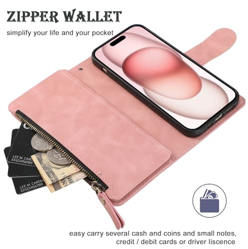RANYOK Wallet Case for iPhone 15 (6.1 inch) with RFID Blocking Credit Card Holder, Premium PU Leather [Zipper Pocket] Flip Folio Case Wallet with Wrist Strap Kickstand Protective Case (Pink) - color: Pink