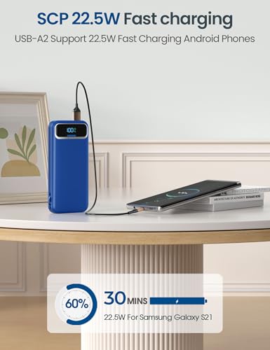 aonidi Portable Charger 12000mAh with Built-in Cables&AC Wall Plug, Navy - color: Navy