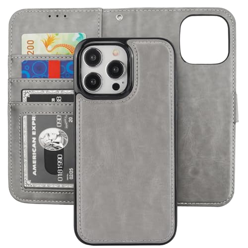Bocasal Detachable Wallet Case Card Holder for iPhone 15 Pro Max Grey | RFID Blocking Kickstand Card Slots Holder PU Leather Magnetic Shockproof Wrist Strap Removable Flip Protective Cover 6.7 inch - color: Gray