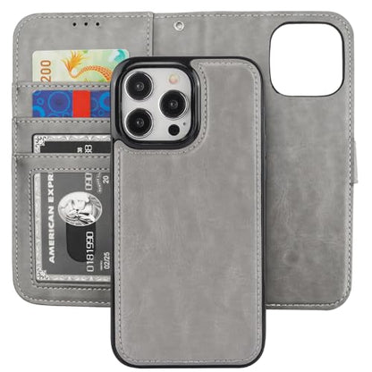 Bocasal Detachable Wallet Case Card Holder for iPhone 15 Pro Max Grey | RFID Blocking Kickstand Card Slots Holder PU Leather Magnetic Shockproof Wrist Strap Removable Flip Protective Cover 6.7 inch - color: Gray