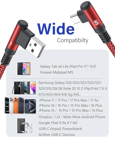 USB to USB C Cable 3.1A Fast Charge Right Angle CarPlay 6.6ft 2-Pack Red - color: Red, size: 6.6ft+6.6ft