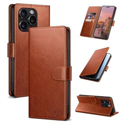 Wallet Case for iPhone 15 Pro 6.1", Light Brown | RFID-Blocking Card Holder, Kickstand, Magnetic Closure, PU Leather Folio Flip Cover, Protective Women Men Cases - color: Light Brown, size: iPhone 15 Pro