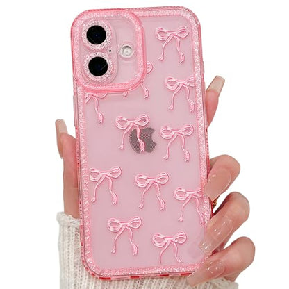 NITITOP Compatible with iPhone 16 Case Cute Clear Pink Glitter Bow Knot Design Shiny Star Sparkle Bling Diamond Girls Women Soft TPU Shockproof Protective Phone Cover - Large Bow - color: Large Bow, size: iPhone 16