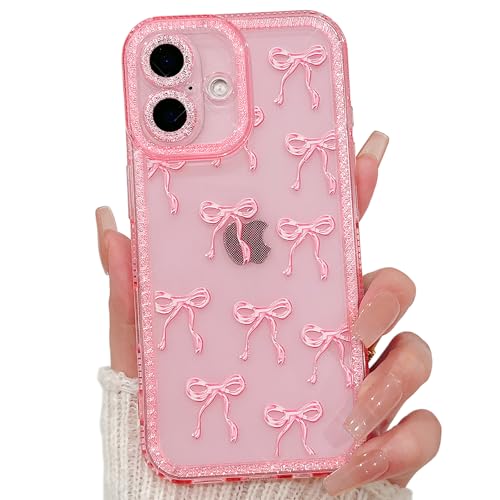 NITITOP Compatible with iPhone 16 Plus Case Cute Clear Pink Glitter Bow Knot Design Shiny Star Sparkle Bling Diamond Girls Women Soft TPU Shockproof Protective Phone Cover - Large Bow - color: Large Bow, size: iPhone 16 Plus