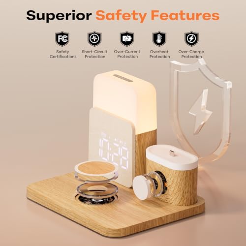 7 in 1 Clock with Charging Station, Charger with Alarm Clock Night Light - color: Wood