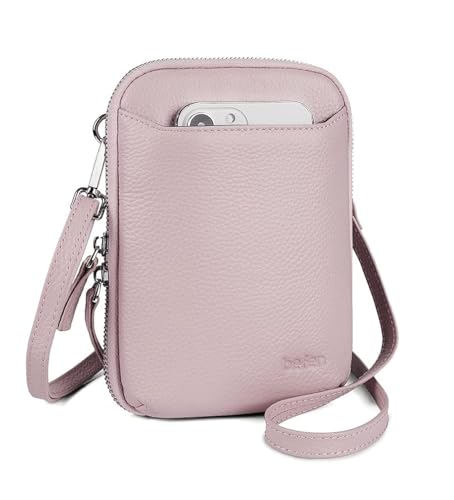 befen Genuine Leather Crossbody Cell Phone Purse for Women, Small Zip Around RFID Blocking Crossbody Wallet Bags - color: Blush Pink