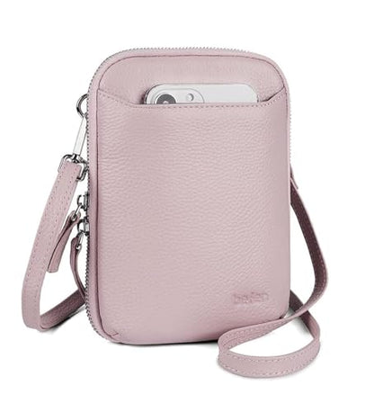 befen Genuine Leather Crossbody Cell Phone Purse for Women, Small Zip Around RFID Blocking Crossbody Wallet Bags - color: Blush Pink
