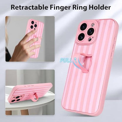 KANGHAR Compatible with iPhone 16 Pro Max Case Stripes -Pink | Silicone Cute Pattern, Wristband Kickstand Camera Protection Soft Slim Cover for Girls Women - color: Pink-Stripes, size: iPhone 16 Pro Max