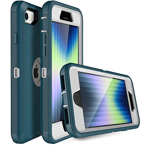 MXX Case Designed for iPhone SE Case 2020/2022 Heavy Duty Protective with Screen Protector [3 Layers] Rugged Rubber Protection Cover & Rotating 360 Degree Belt Clip SE 3rd/2nd Gen (Tuscan Teal/White) - color: Tuscan Teal/White