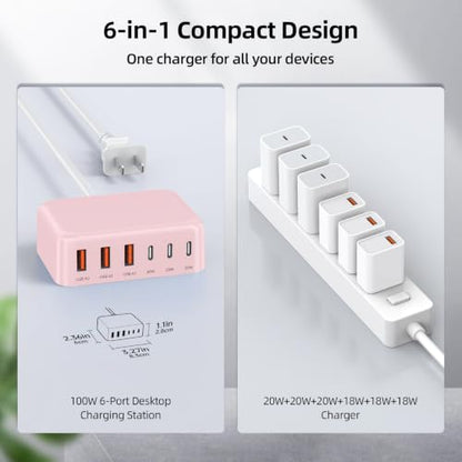 100W 6 in 1 USB Charger, 50% Smaller Charging Station for Multiple Devices - color: Pink
