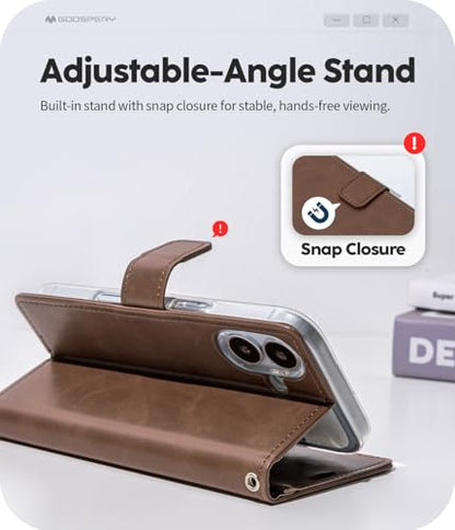 GOOSPERY Bluemoon Folio Wallet Case for iPhone 17, Flip Cover with Card Holder, Kickstand, Magnetic Closure, Shockproof TPU + PU Leather - Brown - color: Brown, size: iPhone 17