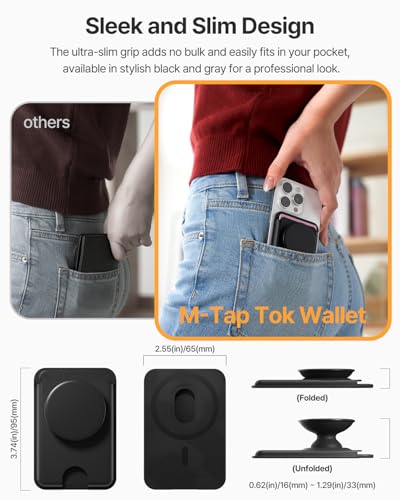 Sinjimoru Phone Wallet for MagSafe, Phone Card Holder with Grip, Black | M-Tap Tok Wallet, 3200G strength, soft silicone finger holder, vegan leather, phone stand, fits iPhone 17-12 - color: Black