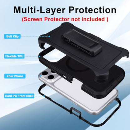 Defender for iPhone 17 Pro Max Magnetic Case with Belt Clip Holster, Black | Compatible with MagSafe, Heavy Duty Drop Protection, Rugged Durable Protective Case for iPhone 17 Pro Max with Kickstand - color: Black