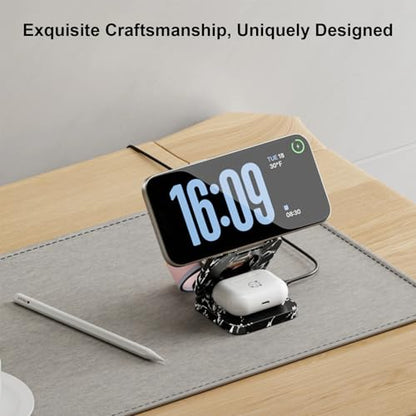 KU XIU X55 Nature Series Fast Magnetic Wireless Charger, Foldable 3 in 1 Charging Station for Apple, Mag-Safe Travel Charger Stand for iPhone 17 16 15 14 13 Series, Apple Watch & AirPods-Marble Black - color: Marble-Black