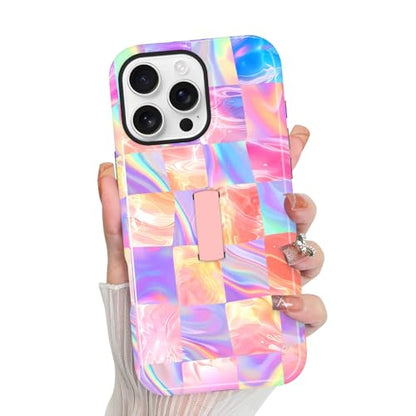 KANGHAR Compatible with iPhone 16 Pro Case Checkered -Iridescent | Silicone Cute Pattern, Finger Hold Wristband Kickstand Camera Protection Soft Slim Phone Case for Girls Women - color: (Checkered)Iridescent Gradient, size: iPhone 16 Pro